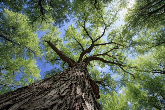 Majestic Eastern Cottonwood: Towering Tree in a Lush Forest Beneath a Clear Blue Sky