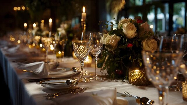 candlelit wedding reception table set with crystal glasses, rose centerpiece, flickering votive candles, polished cutlery, folded napkins, soft bokeh lights