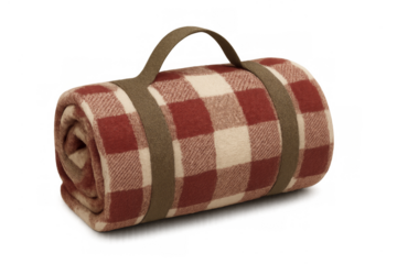 Rolled plaid picnic blanket with carrying handle