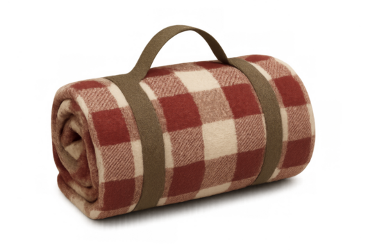 Rolled plaid picnic blanket with carrying handle