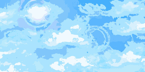 Abstract watercolor painting of a bright blue sky with swirling white and light blue clouds and subtle circular patterns