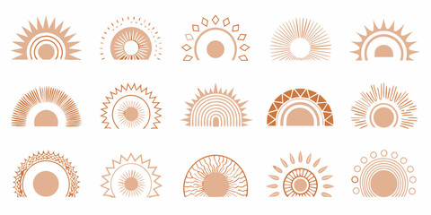 Collection of boho sun and rainbow icons in warm earth tones on white background