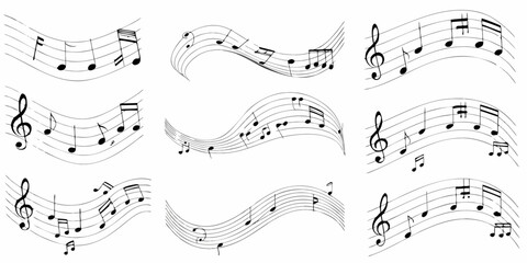 Collection of flowing musical staves with various black notes and clefs on a white background