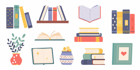 Collection of charming flat design illustrations featuring various books and decorative elements