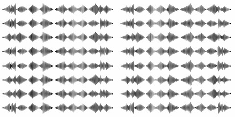 Collection of diverse black and white sound waveforms and audio visualizations on white background