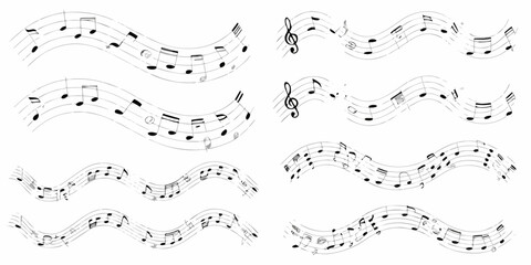 Wavy musical staff lines with black notes and clefs on a white background