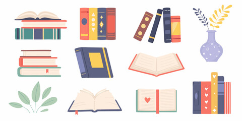 Collection of stylized flat design books and decorative elements for reading and learning
