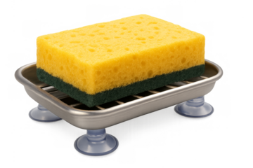 Yellow kitchen sponge on a holder with suction cups