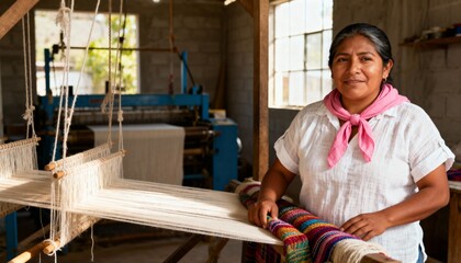Portrait of a traditional indigenous artisan woman at her loom. Female weaver working in a textile workshop creating handmade fabric. Small business owner and craftsmanship concept