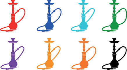Colorful hookah vector set with red blue cyan green purple orange and black shisha pipes design for smoking and leisure