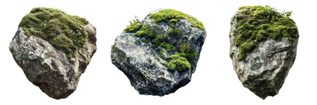 Three stones covered in moss, an interesting natural composition. Each stone displays a unique texture and a touch of the outdoors