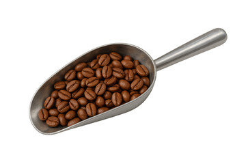 Obraz premium Roasted coffee beans filling metal scoop measuring caffeine