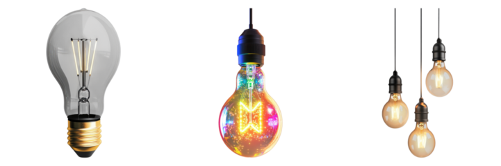 Three different lightbulbs in various designs, offering a variety of illumination options, each with a unique visual appeal.