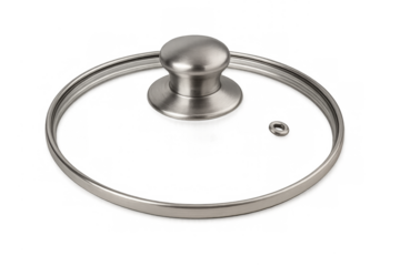 Glass pot lid with stainless steel handle on transparent background
