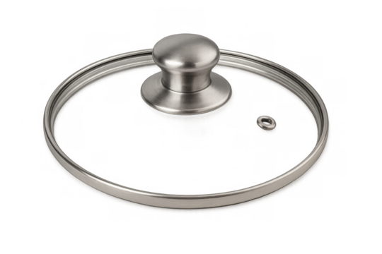 Glass pot lid with stainless steel handle on transparent background