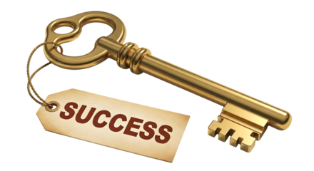 Golden antique key with a tag that says success