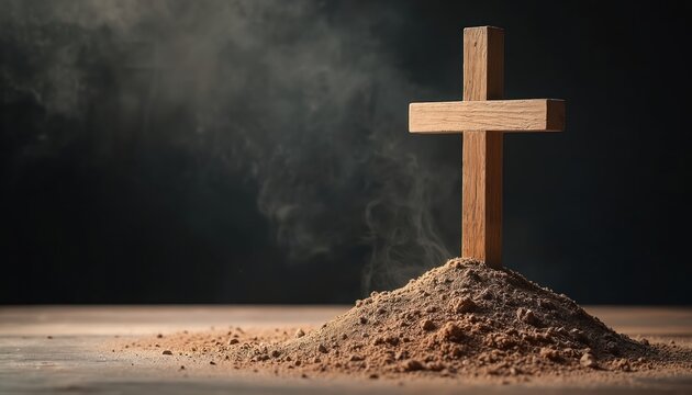 Wooden Christian cross stands on dirt pile. Dark smoky background, represents faith, sacrifice, and the Ash Wednesday holiday. Religious symbol of hope and redemption.