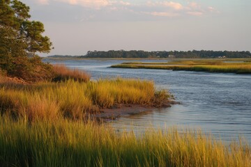 Naklejka premium Serene Evening View of Cape Fear River: A Natural Landscape Embraced by Lush Grass and Marshes