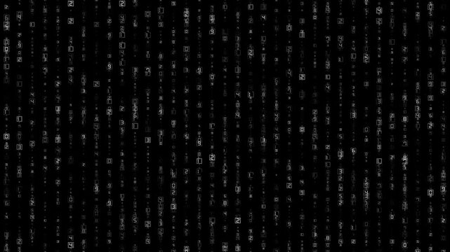 A digital rain of white numbers and symbols falling on a black background in a matrix style design