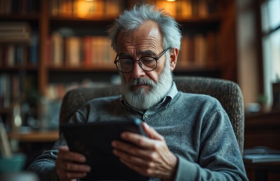 Senior man reads on tablet in library. Elder with glasses browsing content on modern device. Mature male studies or enjoys hobby at retirement at cozy apartment. Bookshelves on background indoor.