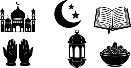 Islamic religious symbols vector set with mosque crescent stars lantern prayer hands holy book and dates bowl