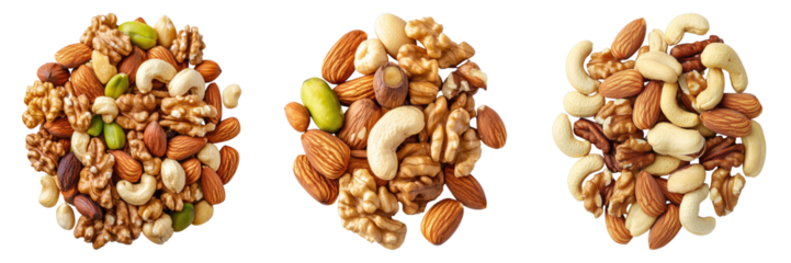An assortment of mixed nuts arranged in a visually appealing cluster, showcasing a variety of textures, colors, and types. It's a healthy snack option and ingredient