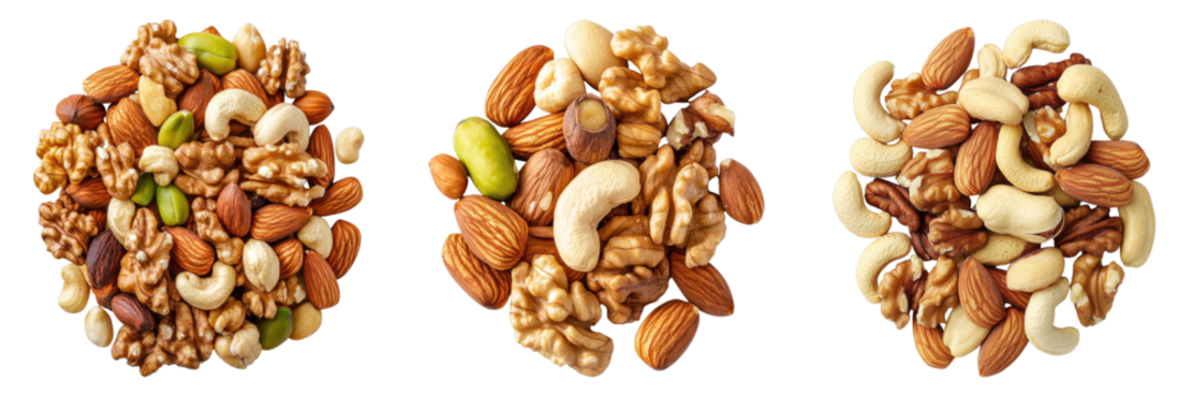 An assortment of mixed nuts arranged in a visually appealing cluster, showcasing a variety of textures, colors, and types. It's a healthy snack option and ingredient