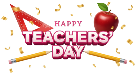Happy teachers day text with an apple, pencils, and confetti