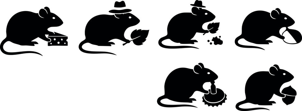 Silhouette rats eating cheese and food various poses simple black vector illustration