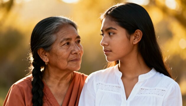 An elderly Indigenous Australian grandmother and her teenage granddaughter share a meaningful look. A tender moment of intergenerational bonding and family love in warm sunlight