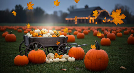 Outdoor field with pumpkins and falling autumn leaves, displaying seasonal harvest, abundance, and festive atmosphere, great for autumnal concepts