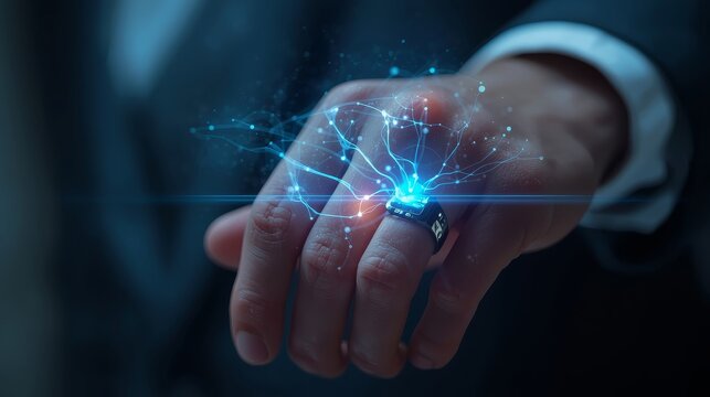 Close up of a mans hand with a futuristic digital interface on it