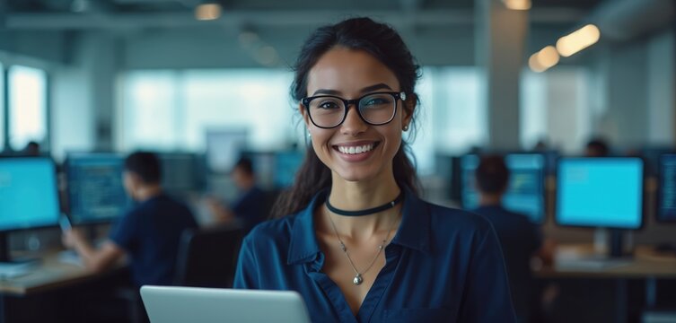 Smiling young mixed race woman wearing glasses and blue shirt works with laptop in modern office. Coworkers sit at desks with computers in blurred background. Female professional in tech workplace. - Powered by Adobe