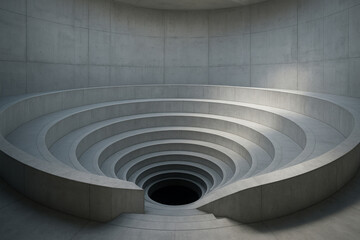 Fototapeta premium Abstract Concrete Spiral Structure with Deep Central Void Futuristic Circular Architectural Pit in Minimal Grey Interior