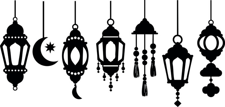 Traditional Islamic lanterns and crescent moon black silhouette vector collection for Ramadan decoration and celebration design