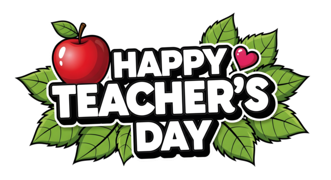 Happy teachers day text with a red apple and green leaves