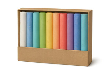 Colorful chalk pastels in cardboard box on transparent background