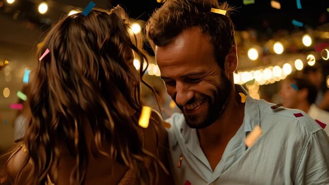 Joyful couple smiling amidst colorful confetti, embodying celebration and happiness with a festive atmosphere, ideal for party and event themes.