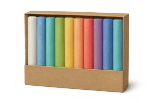 Colorful chalk pastels in cardboard box on transparent background