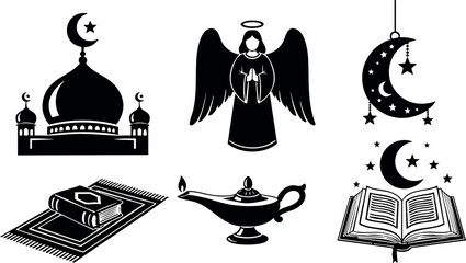 Fototapeta premium Islamic religious symbols mosque angel lantern Quran prayer mat vector illustration spiritual icons