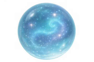 Glass sphere containing a vibrant swirling blue nebula and twinkling stars, representing cosmos, universe, and future predictions