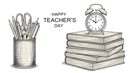 Happy teachers day sketch with a pen holder full of stationery and a stack of books topped with an alarm clock