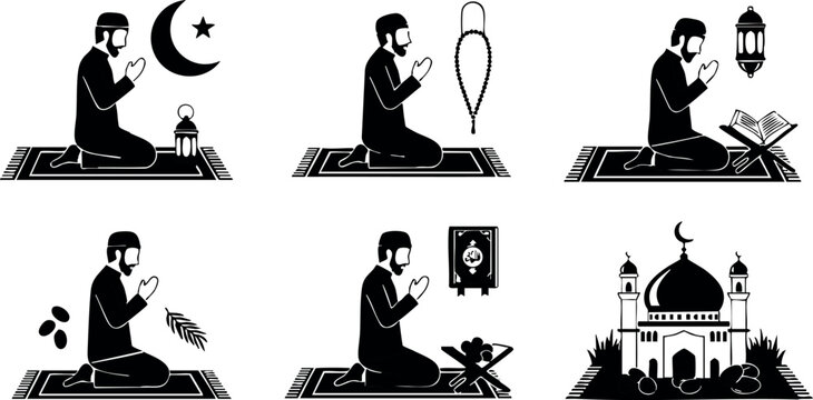 Muslim man praying in various Islamic worship acts including reading Quran and using prayer beads with mosque silhouette vector illustration