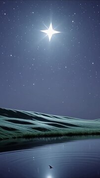 Tranquil night sky with countless stars and one bright star illuminating a peaceful landscape, evoking serenity, vastness, and soft atmospheric beauty for design and celebration themes.