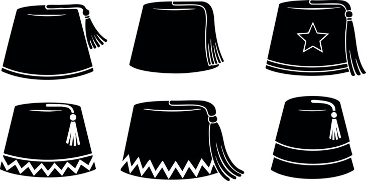 Fez hat vector set with tassels and decorative patterns black silhouette collection for cultural design and traditional costume elements