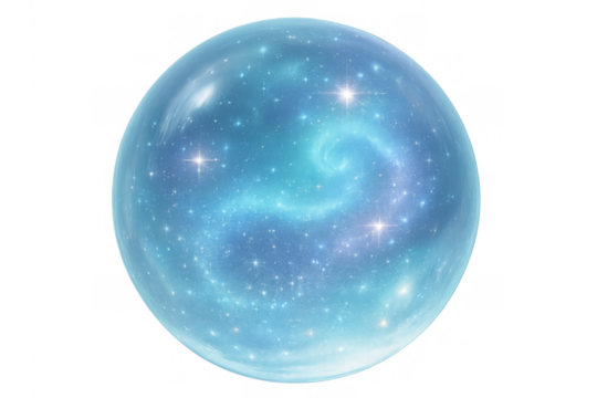 Glass sphere containing a vibrant swirling blue nebula and twinkling stars, representing cosmos, universe, and future predictions