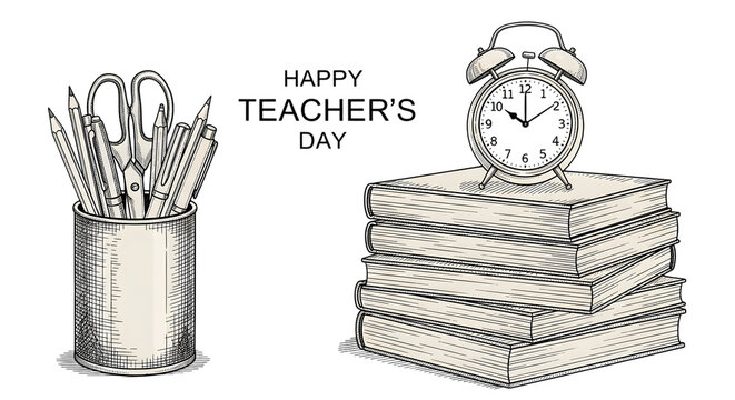 Happy teachers day sketch with a pen holder full of stationery and a stack of books topped with an alarm clock