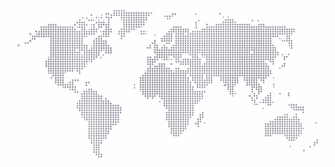 Abstract dotted world map illustration on white background representing global connectivity and information