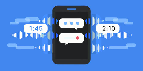 Smartphone displaying chat bubbles with audio waveform visualizations and timestamps representing communication and voice messages