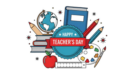 Happy teachers day illustration with school supplies, books, apple, and globe